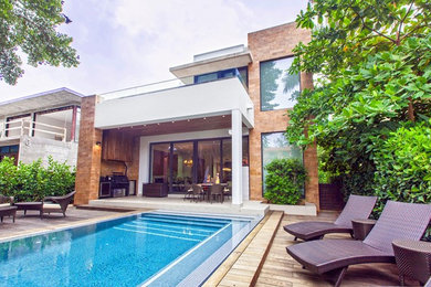 Imagen de piscina natural contemporánea de tamaño medio rectangular en patio trasero con entablado