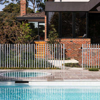 Example of a mid-sized minimalist backyard stone and custom-shaped pool landscaping design in Melbourne