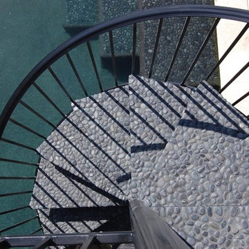 Gray Black Pebble Tile Pool Staircase