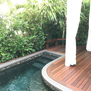 Foto di una piccola piscina tropicale a "L" dietro casa con fontane e pedane