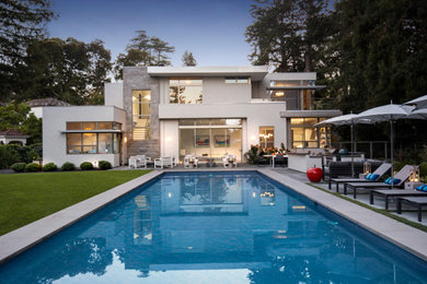 Источник вдохновения для домашнего уюта: большой прямоугольный бассейн на заднем дворе в современном стиле с покрытием из бетонных плит