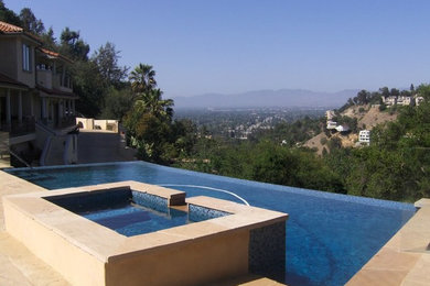 Inspiration for a medium sized contemporary back custom shaped infinity hot tub in Los Angeles with stamped concrete.
