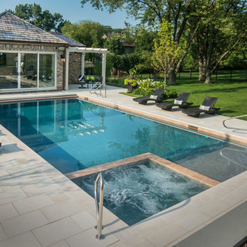 Hinsdale, IL Rectangular Swimming Pool, Sunshelf and Spa inside