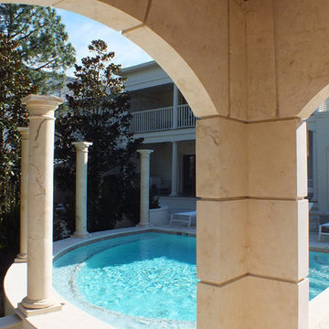 Historic District outdoor Living Area with Passageway House, Pool, & Foutains