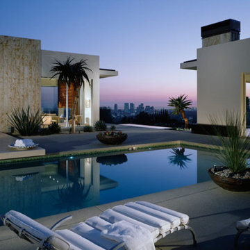 Hollywood Hills Glass Tile Swimming Pool, Vanishing Edge Spa, Entry Watershape