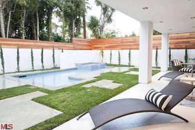 Modelo de piscina natural contemporánea de tamaño medio rectangular en patio trasero con adoquines de hormigón