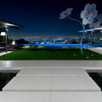 Hopen Place Hollywood Hills modern backyard design with walkways, outdoor art, t