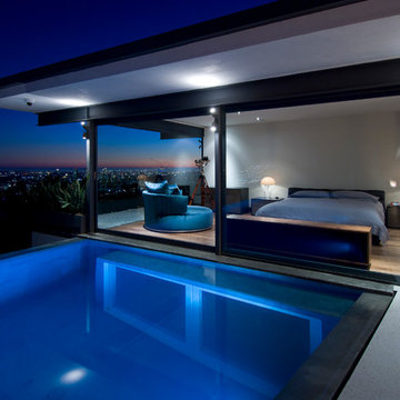Hopen Place Hollywood Hills luxury home modern floating glass bedroom & infinity