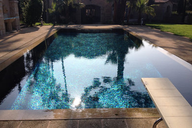 Cette image montre une grande piscine arrière marine rectangle avec des pavés en pierre naturelle.