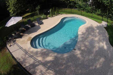 Inspiration for a large modern backyard stamped concrete and custom-shaped pool remodel in Boston