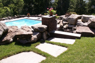 Imagen de piscina alargada grande rectangular en patio trasero con suelo de hormigón estampado