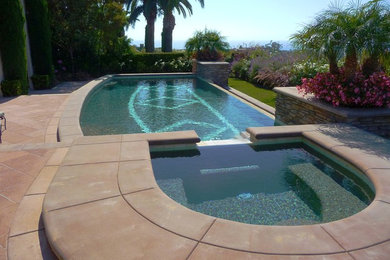 Inspiration for a mid-sized modern backyard custom-shaped infinity pool remodel in Orange County