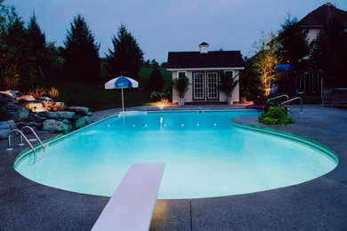 This is an example of a large traditional back custom shaped natural swimming pool in New York with a water feature and concrete paving.