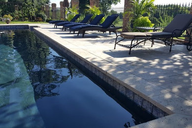 Mid-sized elegant backyard stone and rectangular natural hot tub photo in Dallas