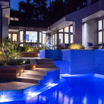 Iridescent Glass Tile Pool & Spa at Night