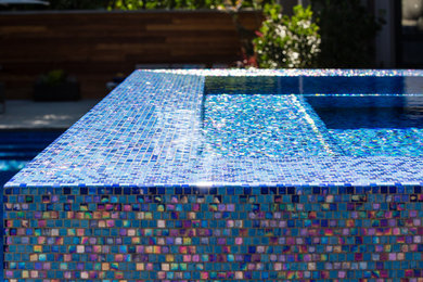 Diseño de piscina con fuente moderna grande en patio trasero
