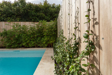 Cette photo montre une petite piscine arrière rectangle avec une terrasse en bois.