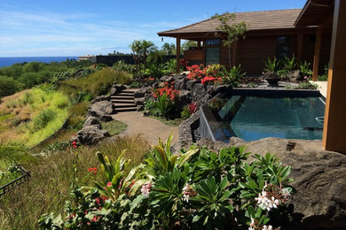 Foto på en mellanstor tropisk infinitypool på baksidan av huset, med poolhus och naturstensplattor