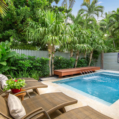 Inspiration for a tropical backyard stone and rectangular lap pool fountain remodel in Miami