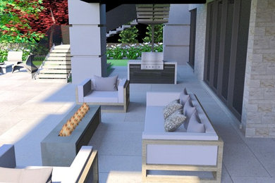 Diseño de patio minimalista grande en patio trasero con suelo de baldosas