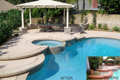 Example of a trendy backyard concrete and custom-shaped pool design in Los Angeles