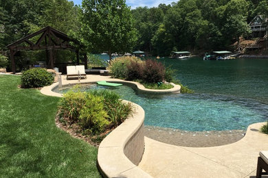 Large arts and crafts backyard concrete and custom-shaped pool photo in Charlotte