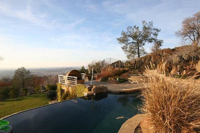 Inspiration for a large backyard brick and kidney-shaped infinity pool remodel in Sacramento
