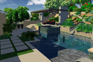 Aménagement d'une grande piscine arrière contemporaine sur mesure avec un bain bouillonnant et des pavés en pierre naturelle.