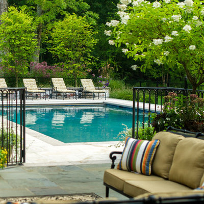 Mid-sized elegant backyard rectangular and stone pool photo in New York