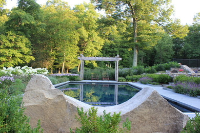 Pool - traditional backyard stone and rectangular pool idea in New York