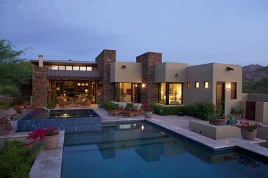 Пример оригинального дизайна: большой прямоугольный бассейн на заднем дворе в современном стиле с джакузи и покрытием из плитки
