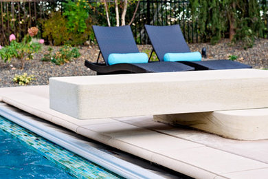 Modelo de piscina minimalista grande rectangular en patio trasero con adoquines de hormigón