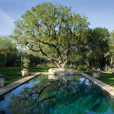 Hot tub - large mediterranean backyard concrete and rectangular lap hot tub idea in Phoenix