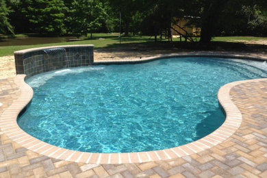 Medium sized traditional back custom shaped natural swimming pool in New Orleans with a water feature and brick paving.