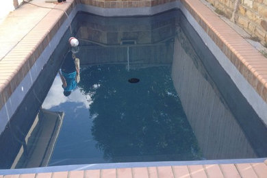 Ejemplo de piscina tropical pequeña rectangular en patio trasero