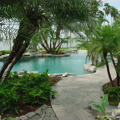 Pool - large tropical backyard stone and custom-shaped natural pool idea in Tampa