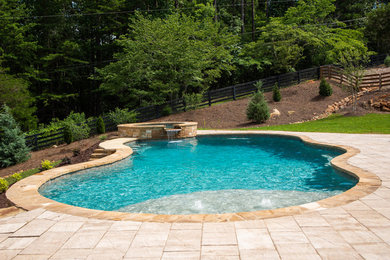 Пример оригинального дизайна: бассейн среднего размера, в форме фасоли на заднем дворе в стиле кантри