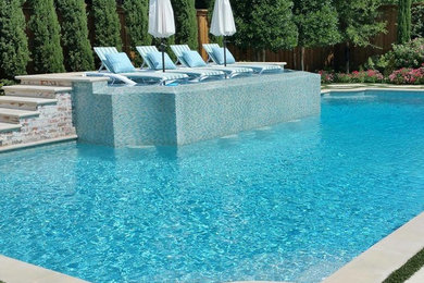 Esempio di una grande piscina design personalizzata dietro casa con fontane e pavimentazioni in cemento