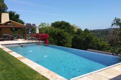 Imagen de casa de la piscina y piscina infinita moderna grande rectangular en patio trasero con suelo de baldosas