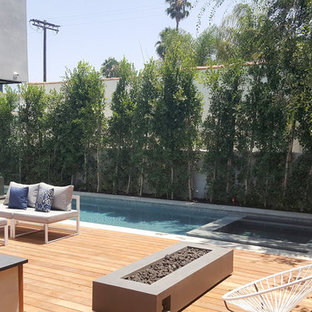 Esempio di una piscina monocorsia minimalista personalizzata di medie dimensioni e dietro casa con una vasca idromassaggio e pedane