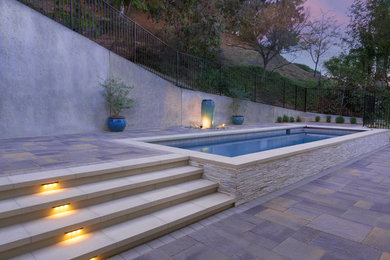 Ejemplo de piscina con fuente natural minimalista rectangular en patio trasero con adoquines de ladrillo
