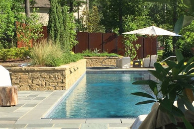 Huge minimalist backyard stone and rectangular lap hot tub photo in Jackson