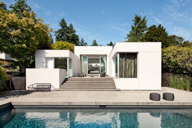 Ejemplo de piscina alargada minimalista de tamaño medio rectangular en patio trasero con adoquines de hormigón
