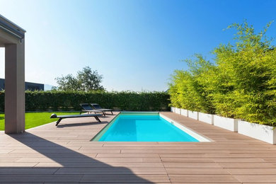 Inspiration for a mid-sized modern backyard rectangular natural pool remodel in New York with decking