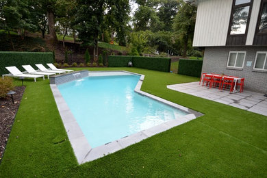 Foto de piscina con fuente alargada moderna de tamaño medio a medida en patio trasero con adoquines de hormigón
