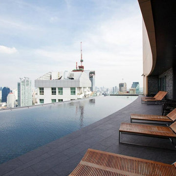 Modern rooftop pool with custom recycled glass mosaic mix