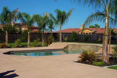 Inspiration for a mid-sized mediterranean backyard stamped concrete and custom-shaped pool fountain remodel in Sacramento