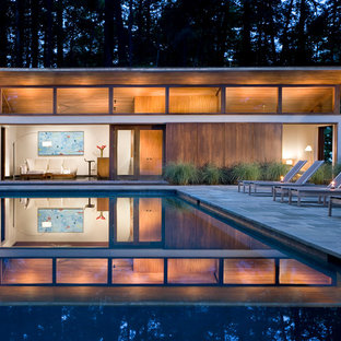 Imagen de casa de la piscina y piscina natural, moderna, grande, rectangular, en patio trasero, con adoquines de piedra natural