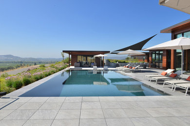 Diseño de casa de la piscina y piscina infinita contemporánea grande rectangular