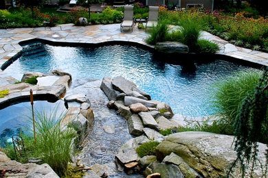 Natural Free Form Pool with River Waterfall Feature and Spa